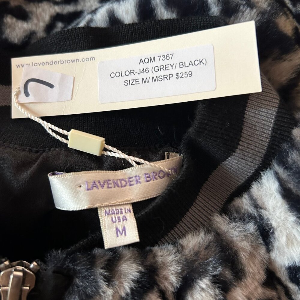 NWT Womens Lavender Brown Gray Black Animal Print Faux Fur Bomber Jacket M * - Picture 11 of 11